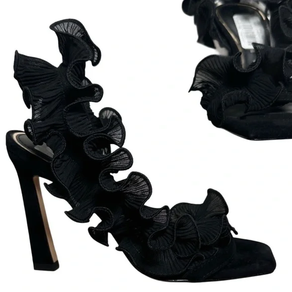 GIANNI BINI NEW BLACK RUFFLED HEELS - Picture 2 of 9
